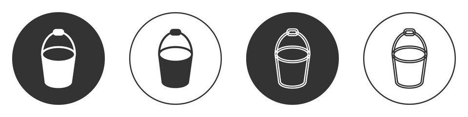 Black Fire bucket icon isolated on white background. Metal bucket empty or with water for fire fighting. Circle button. Vector.