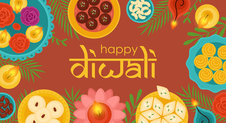 Diwali Hindu festival concept with diya lamps, sweet dessert food and candles. Vector illustration