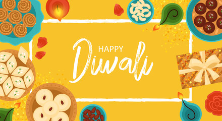 Diwali Hindu festival concept with diya lamps, sweet dessert food and candles. Vector illustration