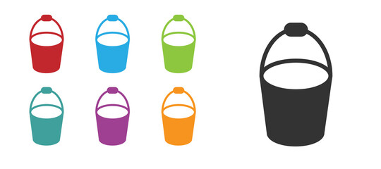 Black Fire bucket icon isolated on white background. Metal bucket empty or with water for fire fighting. Set icons colorful. Vector.