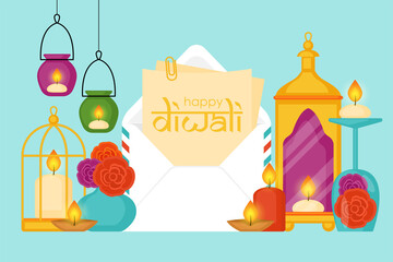 Diwali Hindu festival concept with envelope, diya lamps and candles home decor. Vector illustration