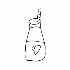 Vector contoured milkshake black line. Romantic food decoration doodle style. Graphic dessert hand draw for Valentine's Day. Design for social networks, articles, posters, cards, web, menus.