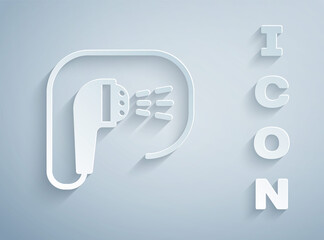 Paper cut Shower head with water drops flowing icon isolated on grey background. Paper art style. Vector.