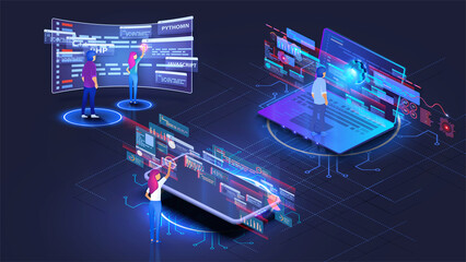 Web development, coding and programming responsive. Set of programmers working on web development on computers. Concept of script coding and programming in php, python, javascript, other languages. 