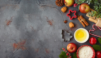 Christmas holiday cooking and baking background with kitchen utensils, iingredients and ornaments.