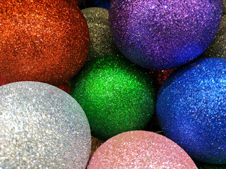 Christmas decorations for compositions. Shiny balls, tinsel. holiday background. Copy space for text.