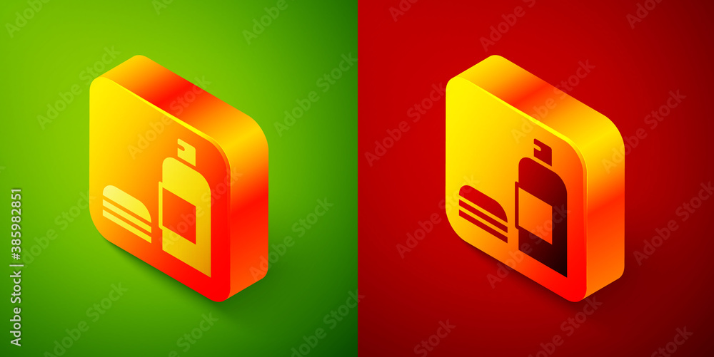 Poster isometric bottle of shampoo icon isolated on green and red background. square button. vector.