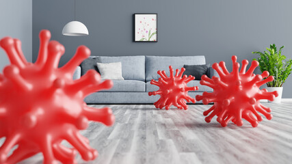 Corona virus cells on the floor in living room, 3d rendering