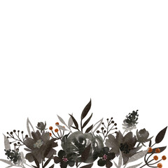 Hand painted black ink flower arrangement illustration. Watercolor botanical composition isolated on white background. Wedding invitation design.