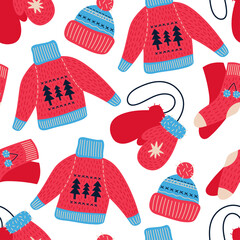 Seamless vector pattern with hand drawn knitted clothes