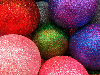Christmas decorations for compositions. Shiny balls, tinsel. holiday background. Copy space for text.