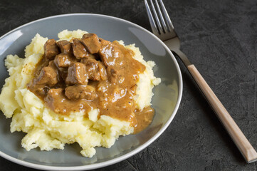 stewed meat in gravy and mashed potatoes.