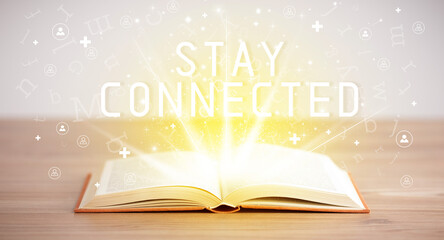 Open book with STAY CONNECTED inscription, social media concept