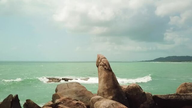 Aerial view on Grandfather's and Grandmother's Rocks - Hin Ta Hin Yai - at the end of Lamai Beach, Koh Samui, Thailand.