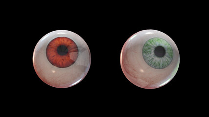 3d render Evil scary eyes of green and red color on black background