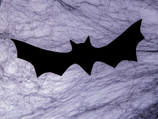 Halloween background with decorative black spider web and bat. Artificial black web for the...