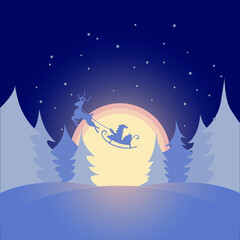 Vector Winter night scene in cut paper style with fir trees and Moon