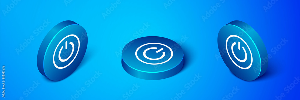 Poster isometric power button icon isolated on blue background. start sign. blue circle button. vector.