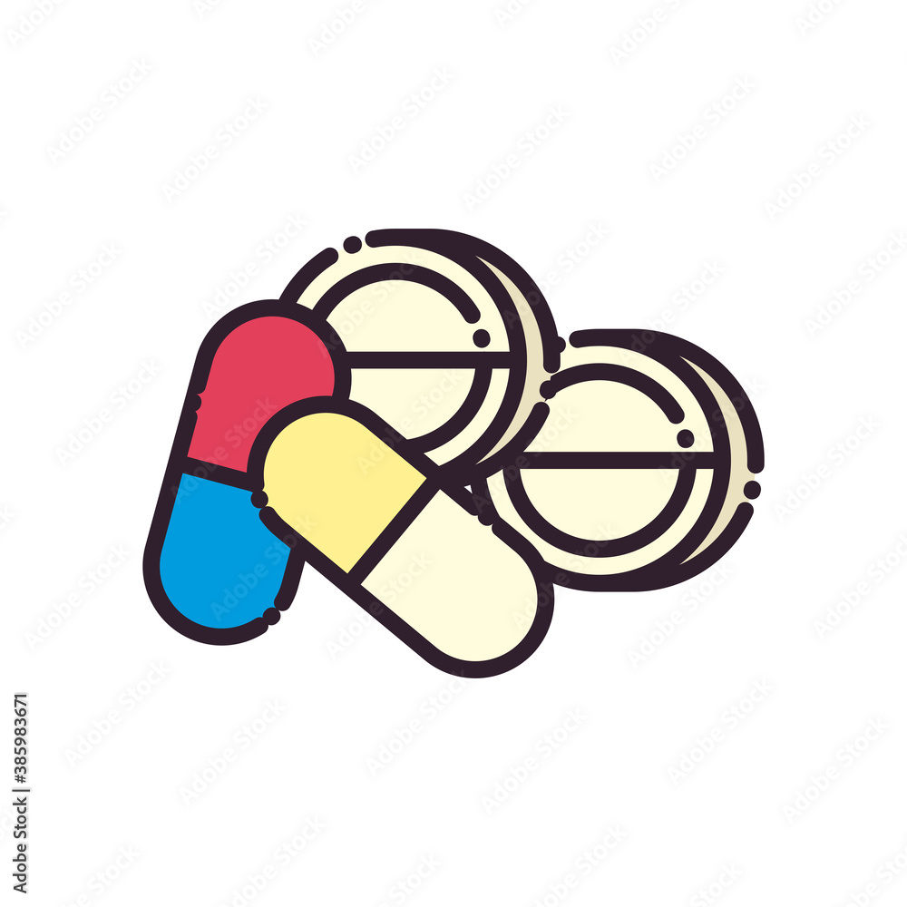 Poster pills line and fill style icon vector design