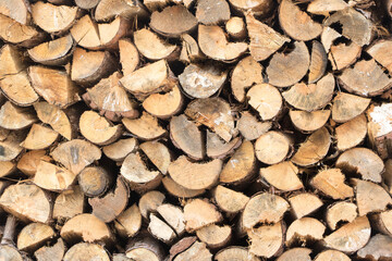 wall firewood, Background of dry chopped firewood logs in a pile
