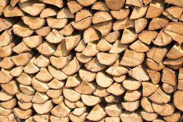 wall firewood, Background of dry chopped firewood logs in a pile
