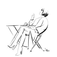 Elegant lady in her 30s having coffee and a smoke on a terrace, pen drawing fashion illustration