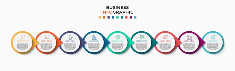 Vector Infographic design template with icons and 9 nine options or steps. Can be used for process diagram, presentations, workflow layout, banner, flow chart, info graph.