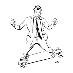 Boy in a dress suit riding a longboard 