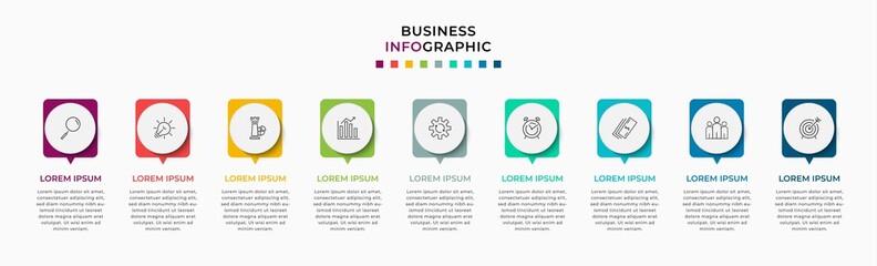 Vector Infographic design template with icons and 9 nine options or steps. Can be used for process diagram, presentations, workflow layout, banner, flow chart, info graph.