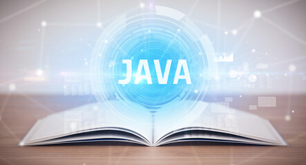 Open book with JAVA abbreviation, modern technology concept