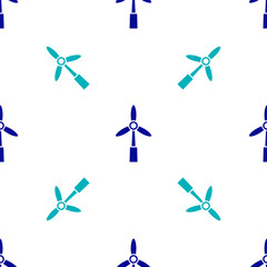 Blue Wind turbine icon isolated seamless pattern on white background. Wind generator sign. Windmill for electric power production. Vector.