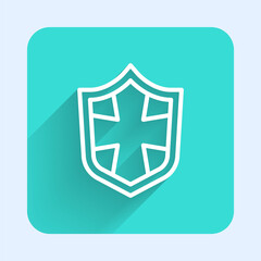 White line Shield icon isolated with long shadow. Guard sign. Security, safety, protection, privacy concept. Green square button. Vector.