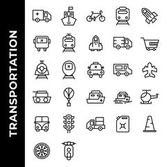 Transportation icon set include ambulance, ship, bicycle, vehicle, rocket, bus, vehicle, truck, cart, vehicle, taxi, travel, plane, tank, balloon, ship, helicopter, traffic light, wheels