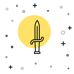 Black line Dagger icon isolated on white background. Knife icon. Sword with sharp blade. Random dynamic shapes. Vector.