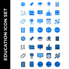 school education icon set include clock,attachment,graduate,bell,calculator,compass,book,presentation,school,locker,earth,computer,eraser,clipboard,reading,score,