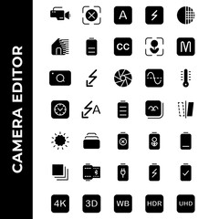 camera editor icon set include camera,flash,photo filter,power,resolution,gallery,image,battery