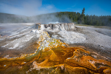 hydrothermal areas of upper geyser basin in yellowstone national park, wyoming in the usa