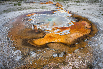 hydrothermal areas of upper geyser basin in yellowstone national park, wyoming in the usa