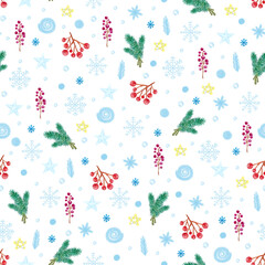 Christmas seamless pattern with branches, berries, stars and snowflakes for wrapping paper