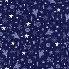 Christmas seamless pattern with branches, berries, stars and snowflakes for wrapping paper