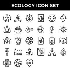 Ecology icon set include recycle, hand, power,solar panel,temperature,green house,recycle,setting,factory,processor,green earth,barrel,electric,mountain,oxygen,document,water