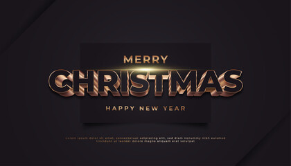 Merry Christmas greeting banner with 3d elegant gold text on black paper background