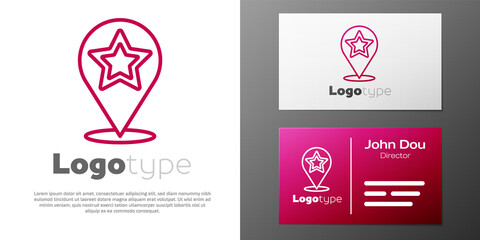 Fototapeta premium Logotype line Map pointer with star icon isolated on white background. Star favorite pin map icon. Map markers. Logo design template element. Vector.