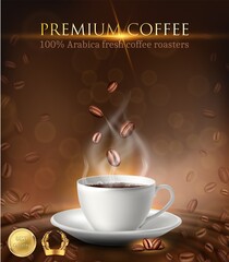 3d realistic vector advertisement banner of coffee cup with coffee beans and gold labels.
