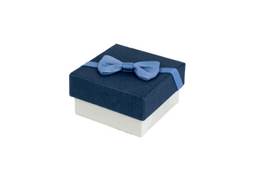 Cardboard gift box with a dark blue lid and a blue bow.