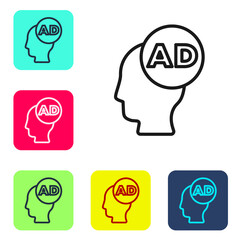 Black line Advertising icon isolated on white background. Concept of marketing and promotion process. Responsive ads. Social media advertising. Set icons in color square buttons. Vector.