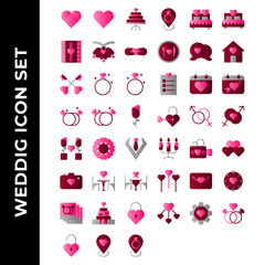 wedding icon set include heart,cake,film,bell,tie,key,love,diamond,rose,heart,man,camera,date,photo,building,lock,ring,bed,food,chat,calendar,married