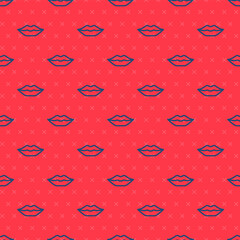 Blue line Smiling lips icon isolated seamless pattern on red background. Smile symbol. Vector.