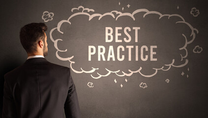 businessman drawing a cloud with BEST PRACTICE inscription inside, modern business concept