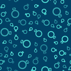 Green line Diamond engagement ring icon isolated seamless pattern on blue background. Vector.